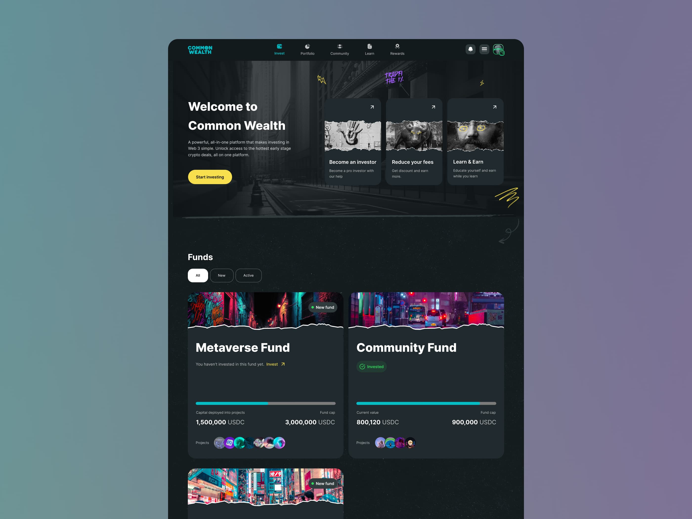 Common Wealth invest landing and funds list with the platform's neon, street-art branding
