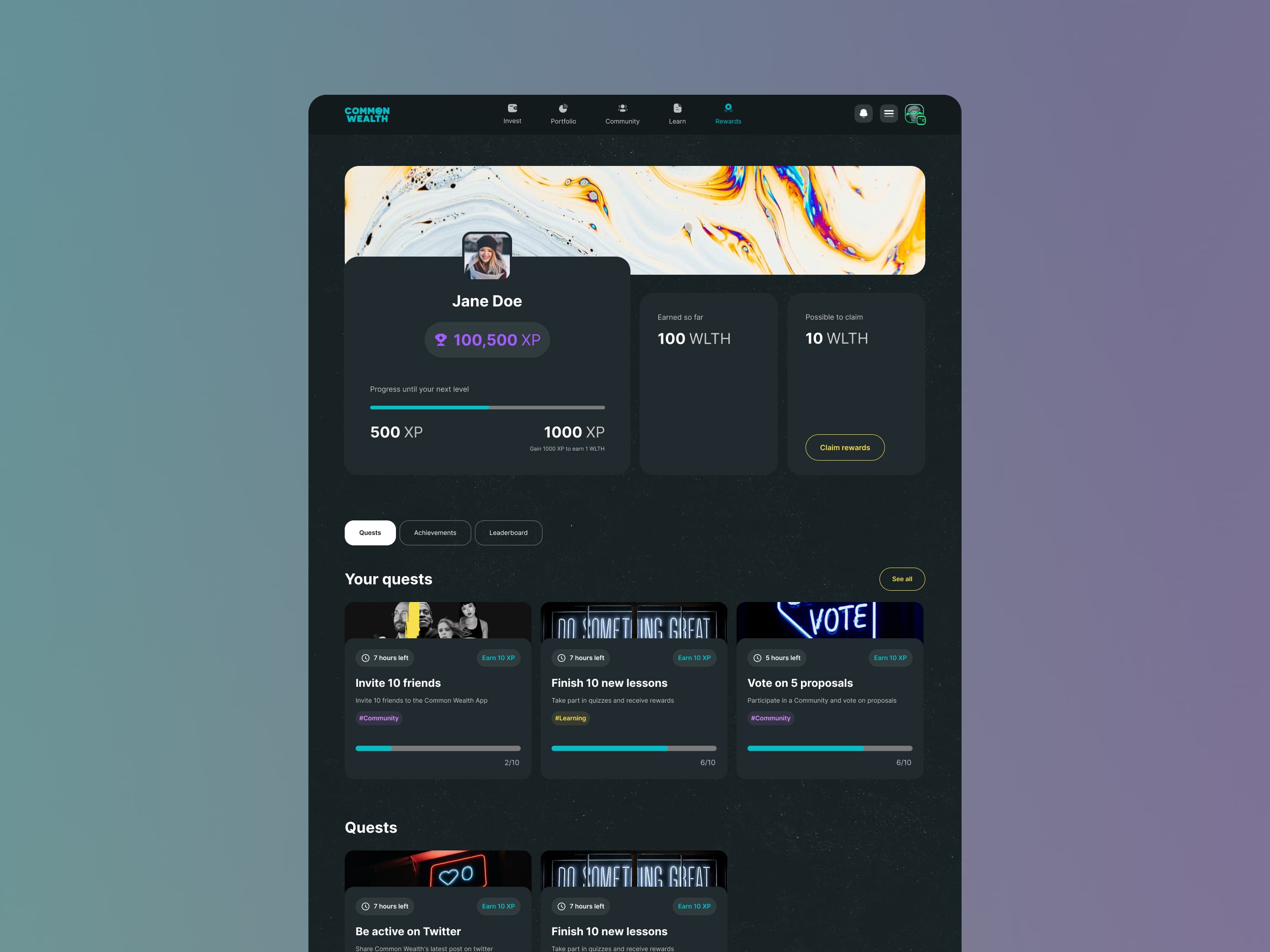 Common Wealth rewards screen — user profile, XP progress, and community quests