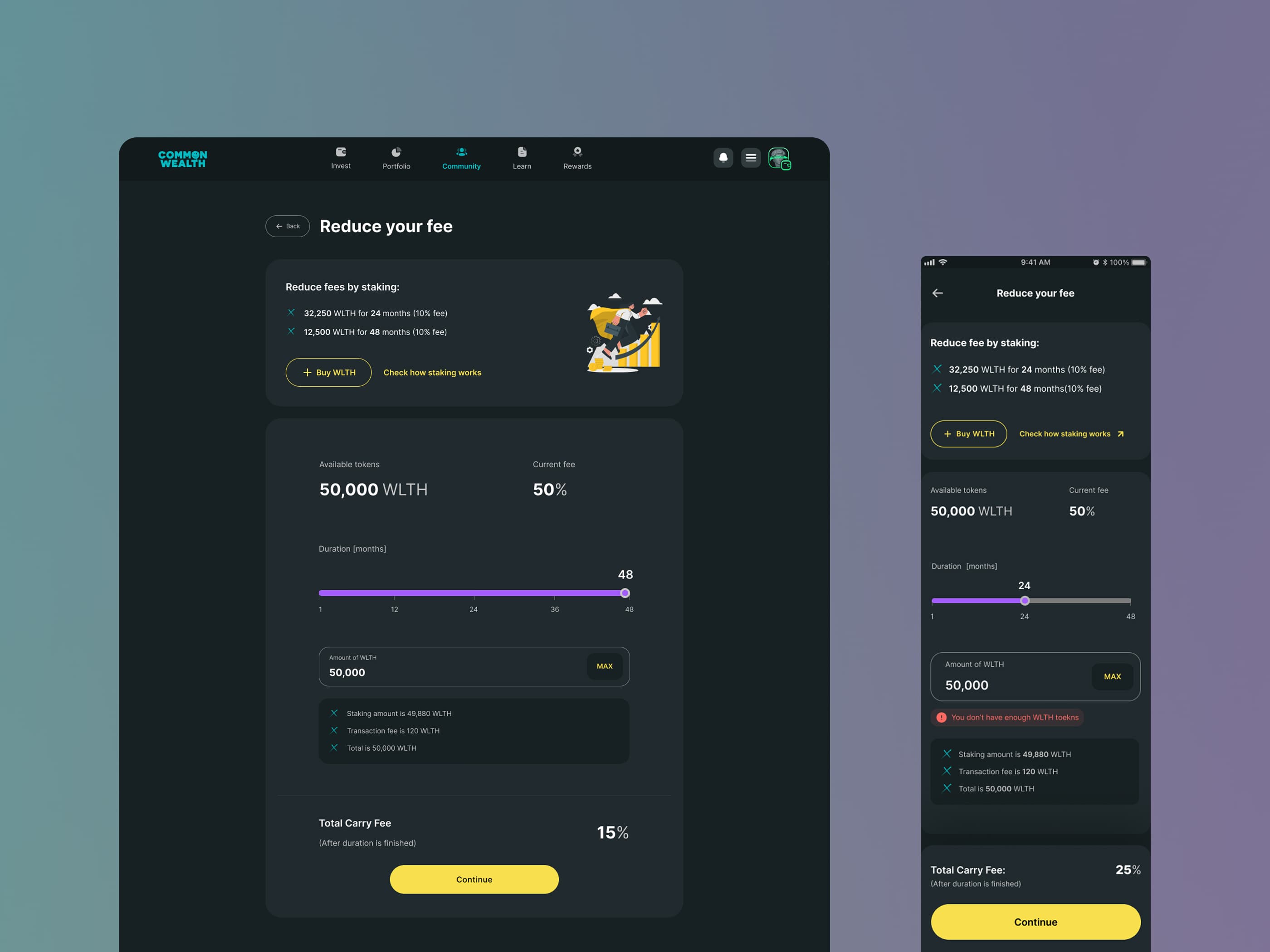 Common Wealth staking calculator — reduce your fee screen on desktop and mobile