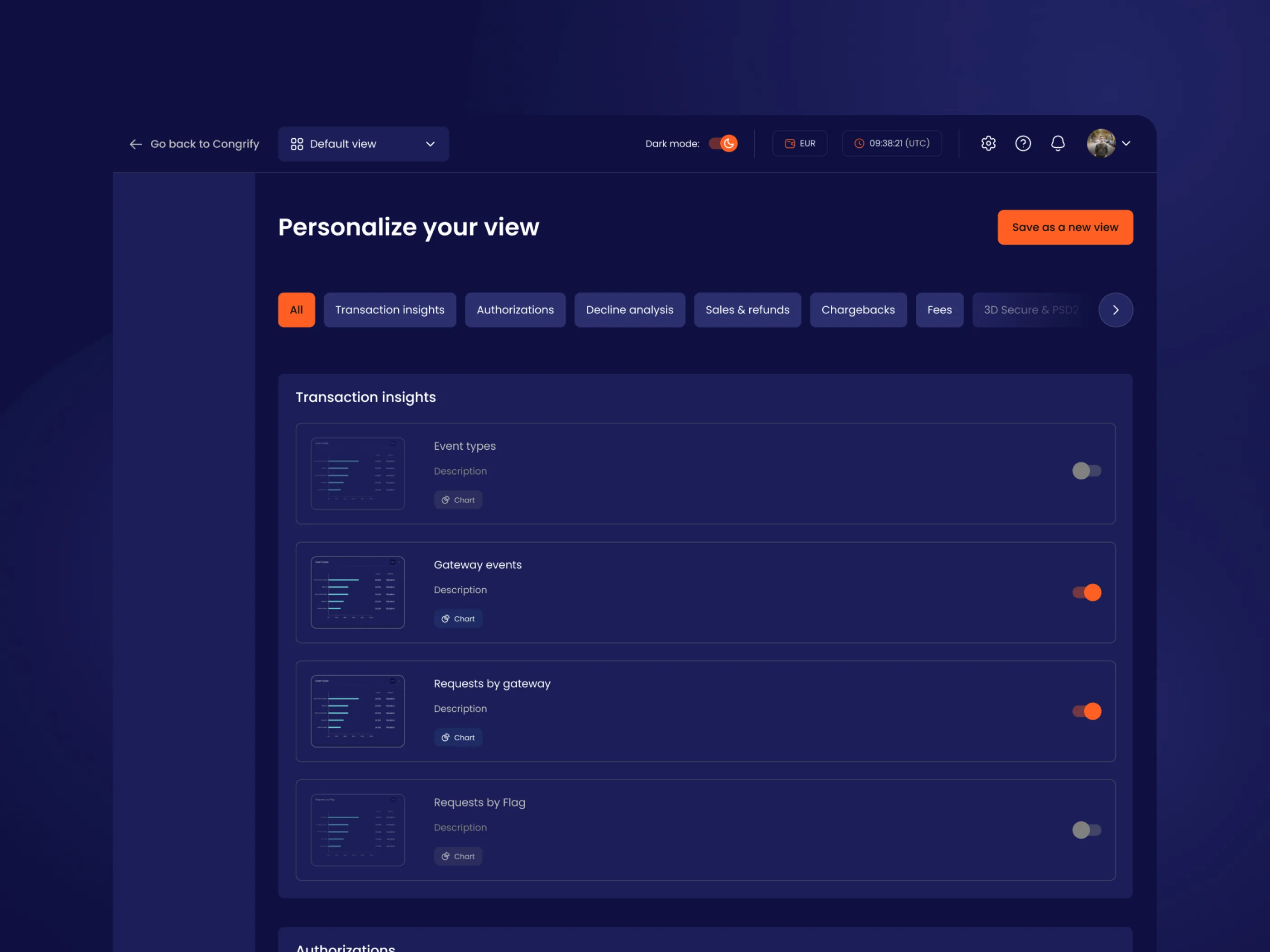 Congrify 'Personalize your view' screen — users pick and toggle the metrics and widgets shown on their dashboard
