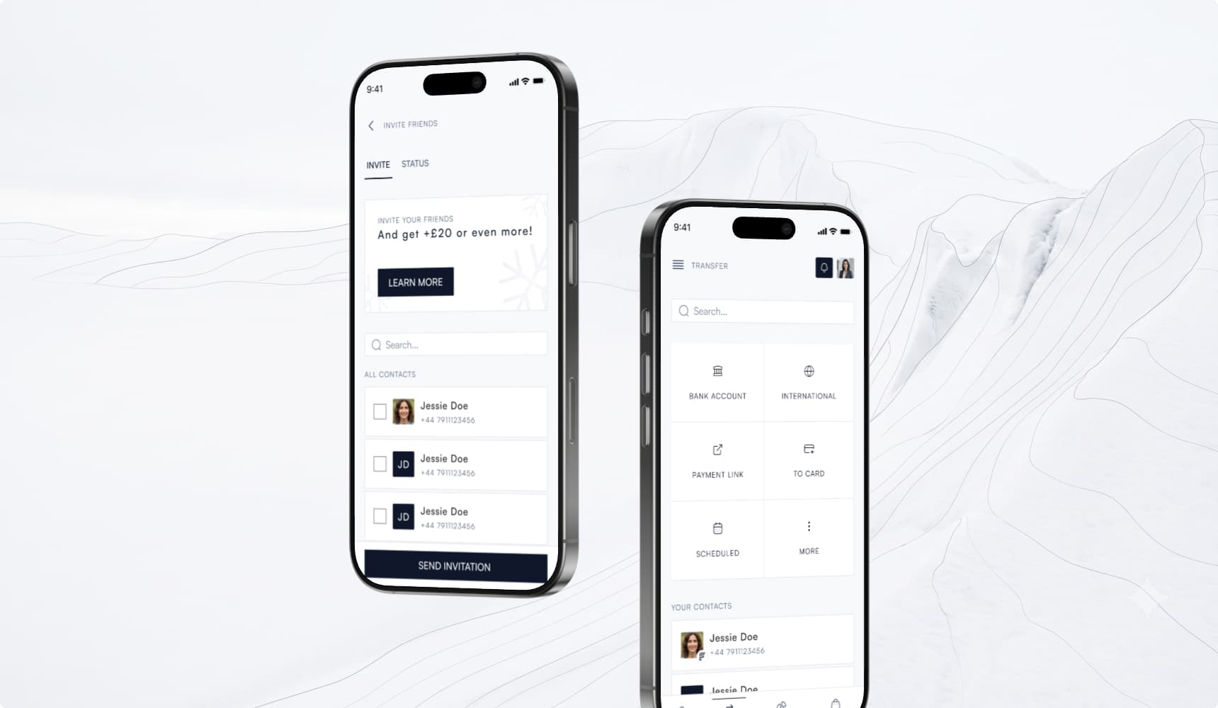 Redesigned payment and invite screens from the Fyord app